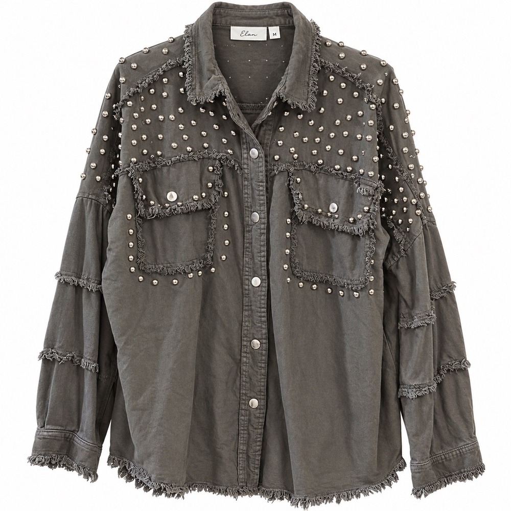 ELAN Studded Distressed Oversized Utility Shirt Jacket Medium Grunge Biker
